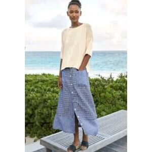 Poetry Womens Linen Maxi Skirt Blue Cottagecore Prairie Pockets Plaid A-Line 8